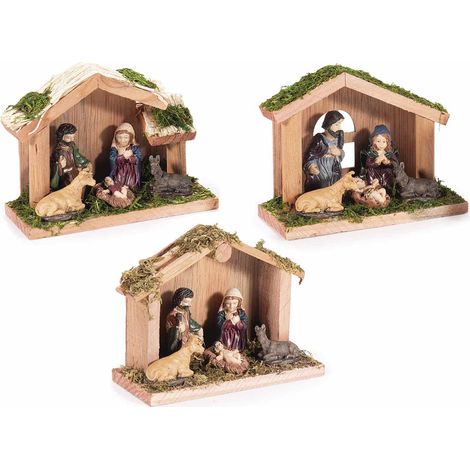 Crèche Sainte Famille en bois avec personnages en résine et mousse, lot de 6, 12 x 5 x H. 9 cm