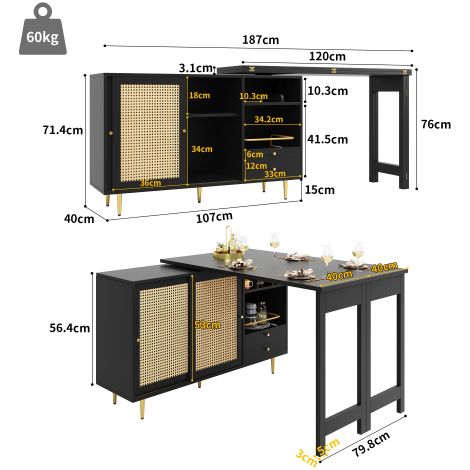 Table de bar pivotante à 360° : Une table de bar noire, extensible et au design contemporain, dotée de portes en rotin tressé et d'étagères ouvertes — un choix idéal pour la cuisine comme pour la sall (1/4)