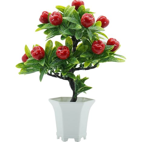 Plante Artificielle Pomme Fausses Plantes Décoration Intérieure Table Salon Hauteur 31CM Largeur 23CM Pot En Plastique Et Fruit Simule Decoration Vert -KZQ (1/2)