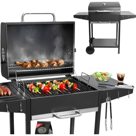 Grande barbecue da giardino a carbone con griglia e coperchio, cassetto per la cenere, termometro