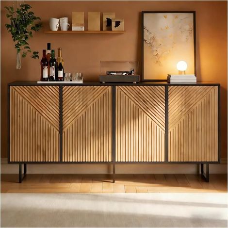 Buffet salon 160x40x80, 4 portes Buffet salle à manger, finition bois naturel noir, 3 pieds de support (1/5)