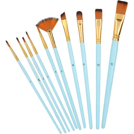 Ensemble de 10 pinceaux en nylon de styles variés, en bois, pour peinture à la gouache et à l'huile, bleu clair. (1/5)