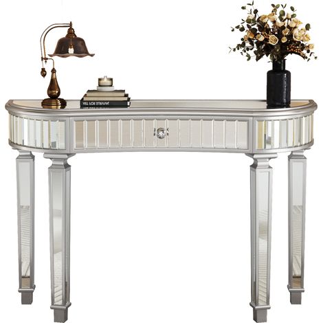 Console Demi-Lune Miroir 120 cm avec Tiroir à Bouton Cristal, Table d'Appoint Moderne Gris et Argent (1/5)