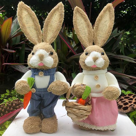 Statue Lapin De Pâques - En Paille Tissée À La Main - Hauteur 35 Cm - Décoration De Table Pour Intérieur Et Extérieur - Lot De 2 (1/5)