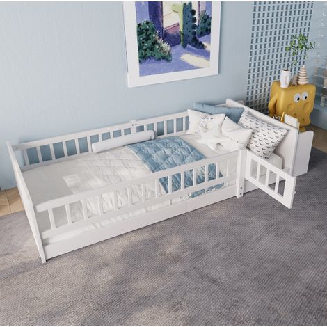 lit enfant rangement 90x200 pin blanc avec étagères OKMYHOME (1/5)