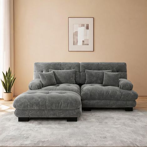 Canapé d'angle modulaire en tissu chenille gris avec ottoman (1/5)