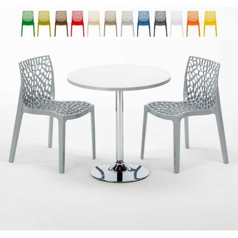 Table Ronde Blanche 70x70cm Avec 2 Chaises Colorées Grand Soleil Set Intérieur Bar Café Gruvyer Long Island - Gris (1/5)