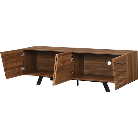 Lowboard TV en MDF aspect noyer avec pieds en fer noirs - 160x39x50,5 cm, grand rangement et gestion des câbles (1/5)