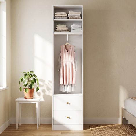 Armoire penderie étroite 50 cm, portant ouvert avec tringle, étagères hautes, 2 tiroirs, poignées dorées, structure MDF et acier, blanc (1/5)