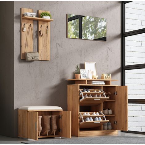 Flur-Set mit Schuhschrank, Bank und Spiegel, 4 Haken, 5 Türen, Naturholzoptik, 140x35x133 cm (1/5)