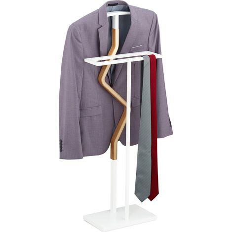 White wood and metal valet suit stand