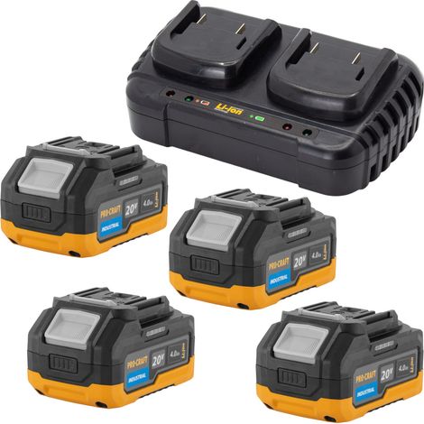 Procraft Starter Set 20 V 20/2 Doppel Ladegerät + 4x 20/4 Industrial Akku 4,0 Ah