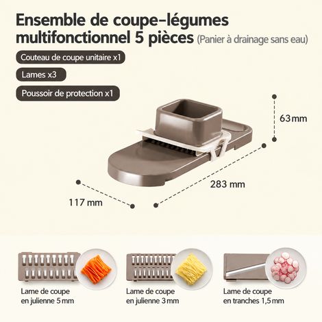 Coupe-légumes multifonction râpe à julienne 3 lames planche simple marron café 3 285 g – Livraison gratuite