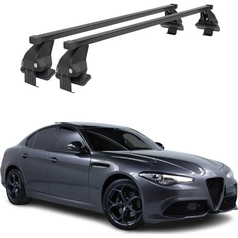 OMAC Barres de toit transversales en acier pour Alfa Romeo Giulia 2015-2026 – Antivol inclus – Testées City Crash – DIN 75302:2019 – ISO/PAS 11154:2006 – Charge max 50 kg Noir (1/4)