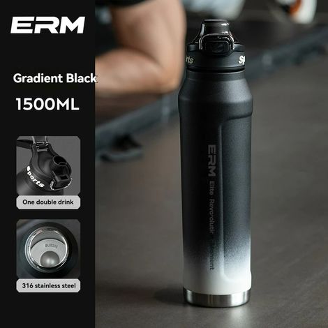 (Noir dégradé, 1500 ml) Bouteille d'eau isotherme pour eau chaude et froide, en acier inoxydable à double paroi, avec poignée de transport, adaptée au sport et aux activités de plein air. (1/4)