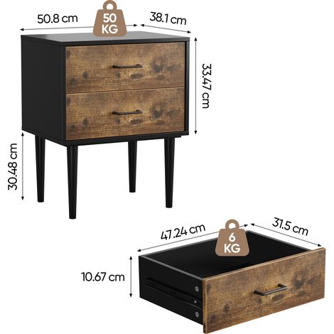 Table de chevet rétro 2 tiroirs style industriel pour chambre,couloir et salon 51x38x66cm marron vintage. (1/5)