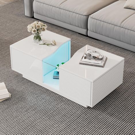 Moderner LED-Couchtisch mit 2 Schubladen – 100 x 50 x 35 cm, weißer Hochglanz-Beistelltisch mit LED-Licht und Acrylplatte, MDF-Beistelltisch für Wohnzimmer, Schlafzimmer (1/5)