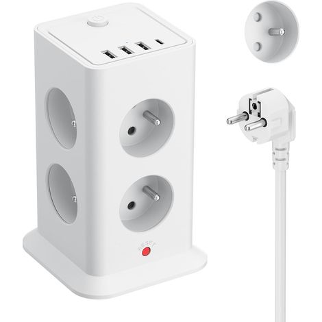 12 en 1 Multiprise avec Interrupteur, Prise Multiprise Françaises 8 Prises AC avec 4 Ports USB, Bloc Multiprise Parafoudre et Surtension avec Interrupteur, 3680W Câble 2M pour Maison Bureau Blanc (1/5)