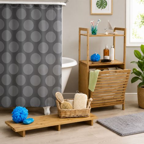 Juego de baño con organizador para bañera (3 piezas): organizador de bambú, estante para la cesta de la ropa y cortina de ducha con lunares (1/5)