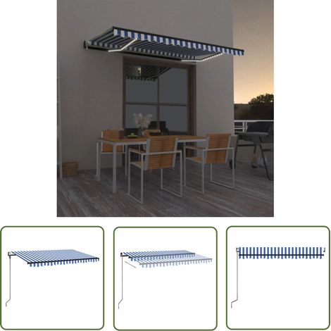 Auvent automatique capteur de vent/LED - Auvent de jardin Soleil imperméable 450x300 cm Bleu et blanc BV810345 - BonneVie (1/5)
