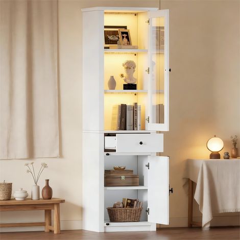 Grande vitrine haute 55 x 40 x 200 cm, vitrine sur pied avec une tablette, vitrine en verre avec LED, blanc, avec poignées en métal et en alliage d’aluminium (1/5)