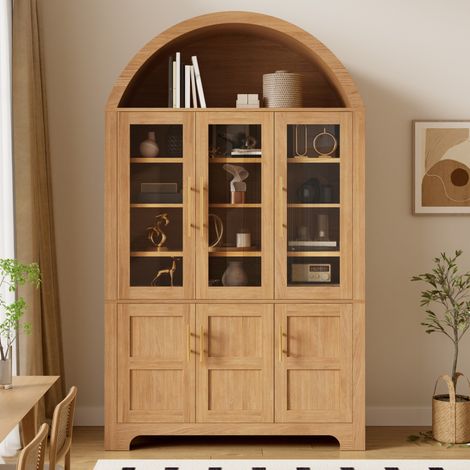 Buffet vitrine 110x40x185 cm avec niche arche, 6 portes vitrées, rangements et étagères réglables, MDF naturel (1/5)