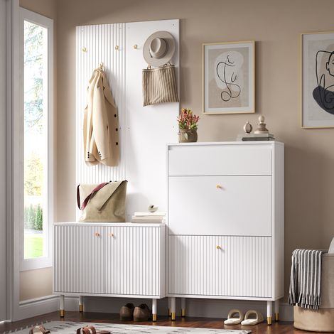 Meuble d'entrée complet avec placard à chaussures pliant fin, armoire 2 portes, étagère murale à crochets en métal et console de couloir polyvalente en panneaux de fibres et MDF. (1/5)