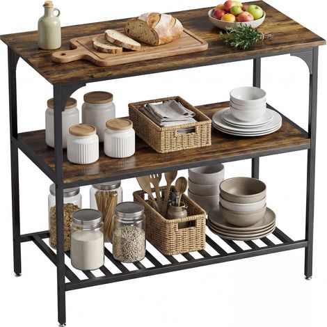 Scaffale per verdure, ripiano da cucina a 3 livelli con struttura in acciaio, marrone rustico + nero