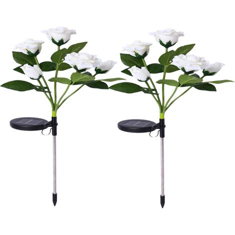 Juego de 2 luces solares con forma de flor, 5 rosas decorativas de pie, LED RGB, resistentes al agua, para iluminación de entradas de vehículos, césped, jardín y paisajes. (1/5)