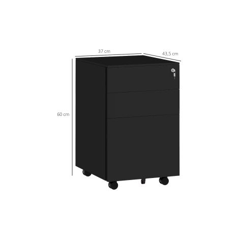 Caisson de classement noir en acier avec serrure, tiroirs, roulettes à freins et barre réglable sur 3 niveaux pour bureau et maison (1/5)