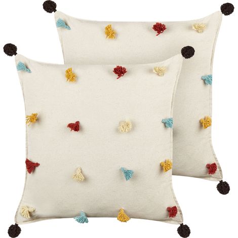 Lote de 2 cojines decorativos fabricados en algodón con borlas de colores beige claro 45 x 45 cm Fussel