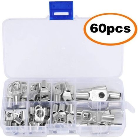 Boulon de trou de cosse électrique, 60 pièces, connecteur en cuivre étamé série SC6-25, sertissage/soudure adapté pour câble de 6m㎡8m㎡10m㎡16m㎡25m㎡ (1/4)