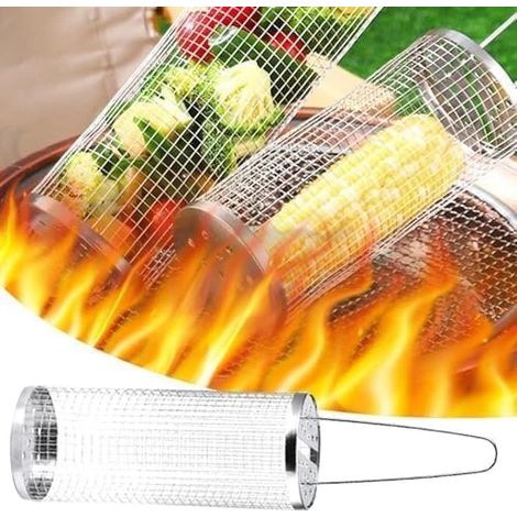 Lot de 2 paniers à barbecue à roulettes, ronds en acier inoxydable, pour légumes, frites et poissons -FX- (1/5)