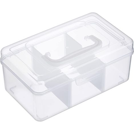 Caja de almacenamiento pequeña, apilable y transparente con rejilla divisoria, 3 compartimentos de plástico multiusos para esmaltes de uñas, juguetes, manualidades, costura, artículos de pesca. (1/4)
