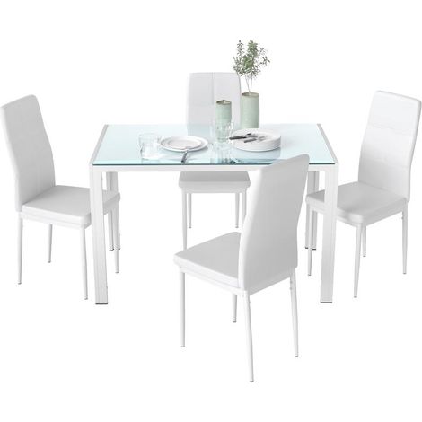 Lot table et 4 chaises blanc avec plateau en verre trempé et chaises en similicuir, ensemble 5 pièces rectangulaire design