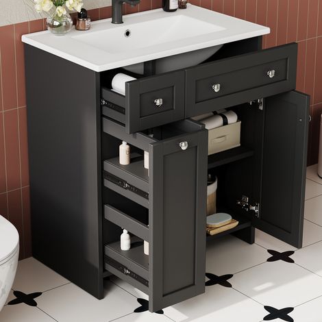 Ensembles meuble de salle de bains, meuble vasque de salle de bain sur pied 76x47x86, finition laquée, vasque, 8 tiroirs, noir (1/5)