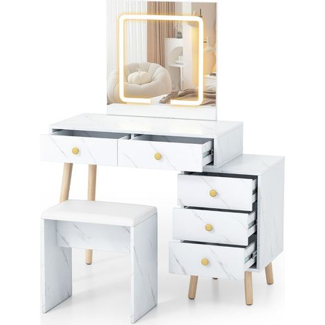 Tocador con espejo cuadrado 55x55 cm 5 cajones para un práctico almacenaje estilo moderno acabado efecto mármol en MDF blanco 200017450