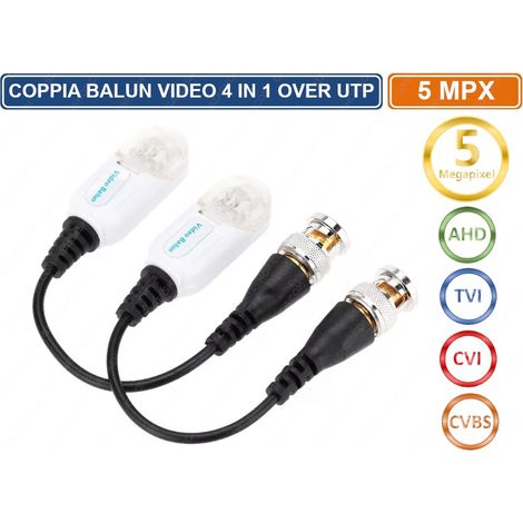 COPPIA TRASMETTITORI BNC VIDEO BALUN 5 MP AHD TVI CVI CVBS CON CLIPS PER CCTV (1/3)