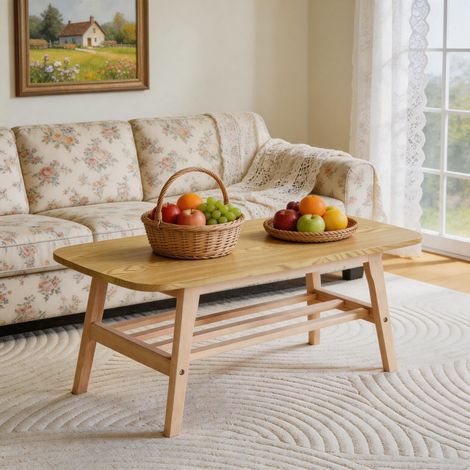 Table Basse de Salon - 100x48x42.5cm - Double Plateau en Bois Massif avec Grand Espace de Rangement - Bois Naturel (1/5)