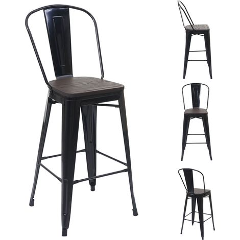 Set 4x sgabelli con schienale bistrot design industriale HHG-778 legno metallo verniciato nero