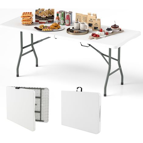 Table Pliable Portable 180 cm, Table Pliante en Deux Charge 160 kg, Plateau en HDPE, Verrouillage Sécurisé, avec Poignée de Transport, Blanc (1/5)