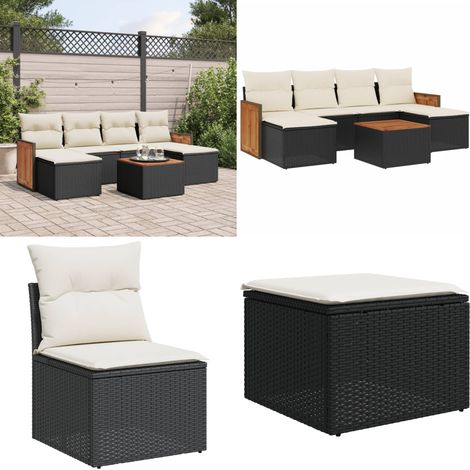 7-tlg. Garten-Sofagarnitur mit Kissen Schwarz Poly Rattan - Gartenmöbel Set - Rattan Möbel - Outdoor Lounge - Esstisch - Sofasitzgruppe - Home & Living