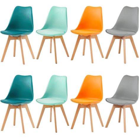 8er Set Esszimmerstühle Skandinavisch mit PU-Sitzkissen & Massivholzbeinen, Bunt (1/5)
