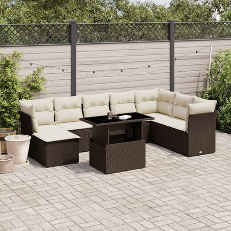 Salon de jardin en résine tressée marron avec table, 3 sièges d'angle, 4 sièges centraux, 9 coussins blanc crème amovibles (1/5)