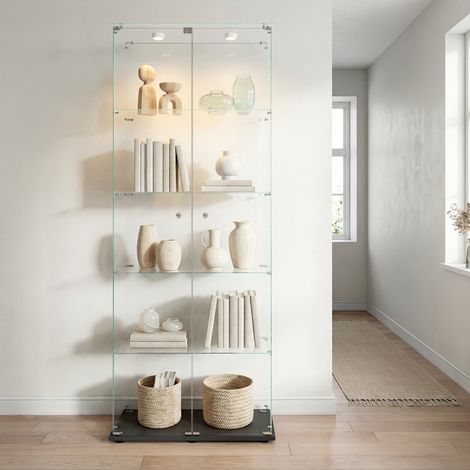 Vetrina collezionismo, Vetrina in vetro temperato, 5 ripiani, LED, 2 ante, armadio da esposizione, protezione antipolvere, per soggiorno, collezioni e studio, moderno scandinavo, Nero