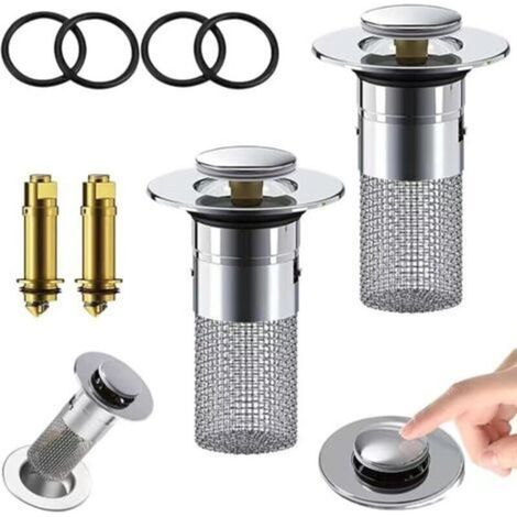 2 Pieces Universal Pop Up Basin Drain, Stainless Steel Drain Filter, Anti-Clogging Basin Stopper with Strainer for Bathtub, Kitchen, Sink (1/5)
