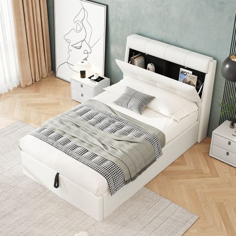 Cama infantil 90 x 200 cm Cabecero con almacenaje - Somier incluido - PU blanco (sin colchón) (1/5)