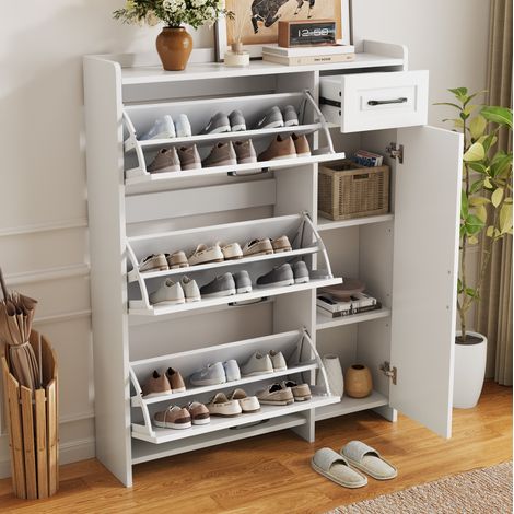 Zapatero blanco 92x24x121 cm, 3 abatibles, 1 cajón, 1 puerta HAVRYA (1/5)