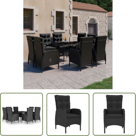 The Living Store 9-tlg. Garten-Essgruppe Poly Rattan und Glas Schwarz - Gartengruppe - Esstisch - Gartenstuhl - Outdoor Möbel - Rattan Gartenmöbel (1/5)