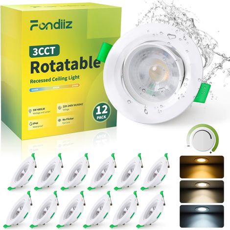 Spot LED Encastrable Orientable, 5W 480LM Spots de Plafond Encastré Blanc Chaud 2700K Blanc Neutre 4000K Blanc Froid 6000K Réglable, IP44 Spot pour Salle de Bain Salon, Trou Ø70-80mm, Lot de 6